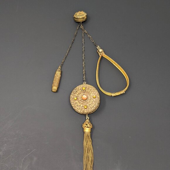 Antique Victorian Chatelaine Cosmetic Bag Frame Gold Tone Filigree Stones